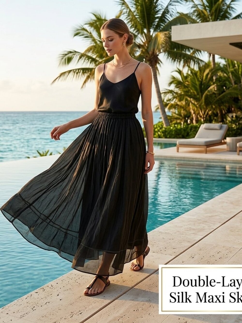 Women S/M Maxi Double-Layer Silk Skirt Chiffon Lined Black Flowy Luxury Romantic